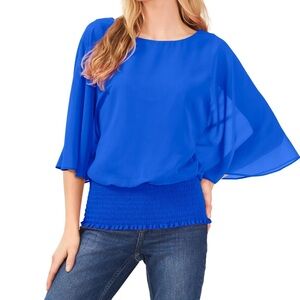 Sam & Jess Womens Butterfly Sleeve Smocked Waist Blouse Eglow Blue S